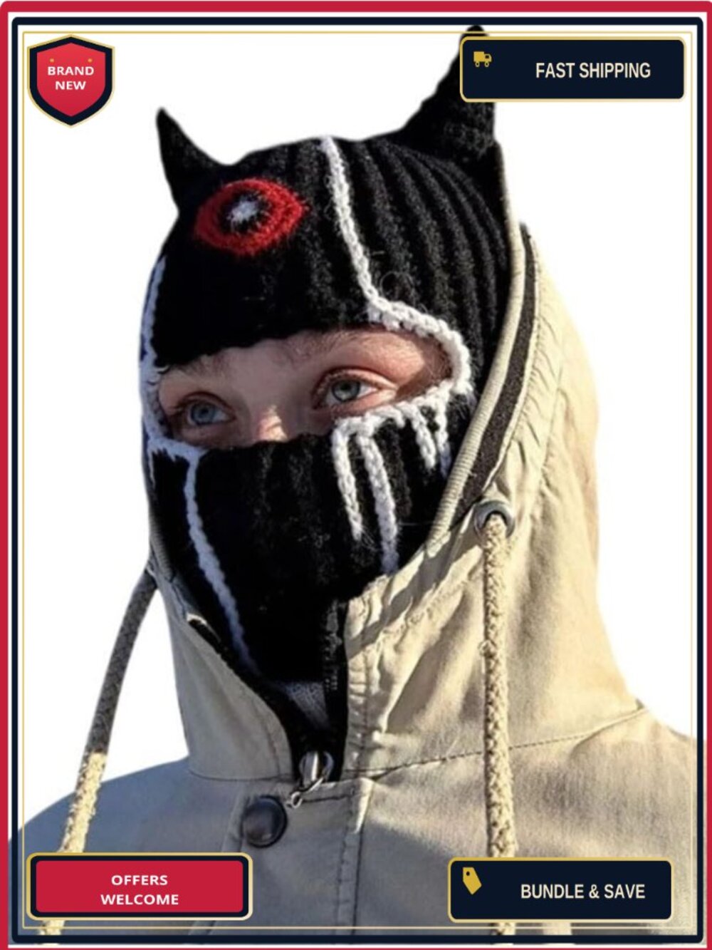 Devil Horns Balaclava Beanie Unisex Full Face Ski Mask Winter Warm
